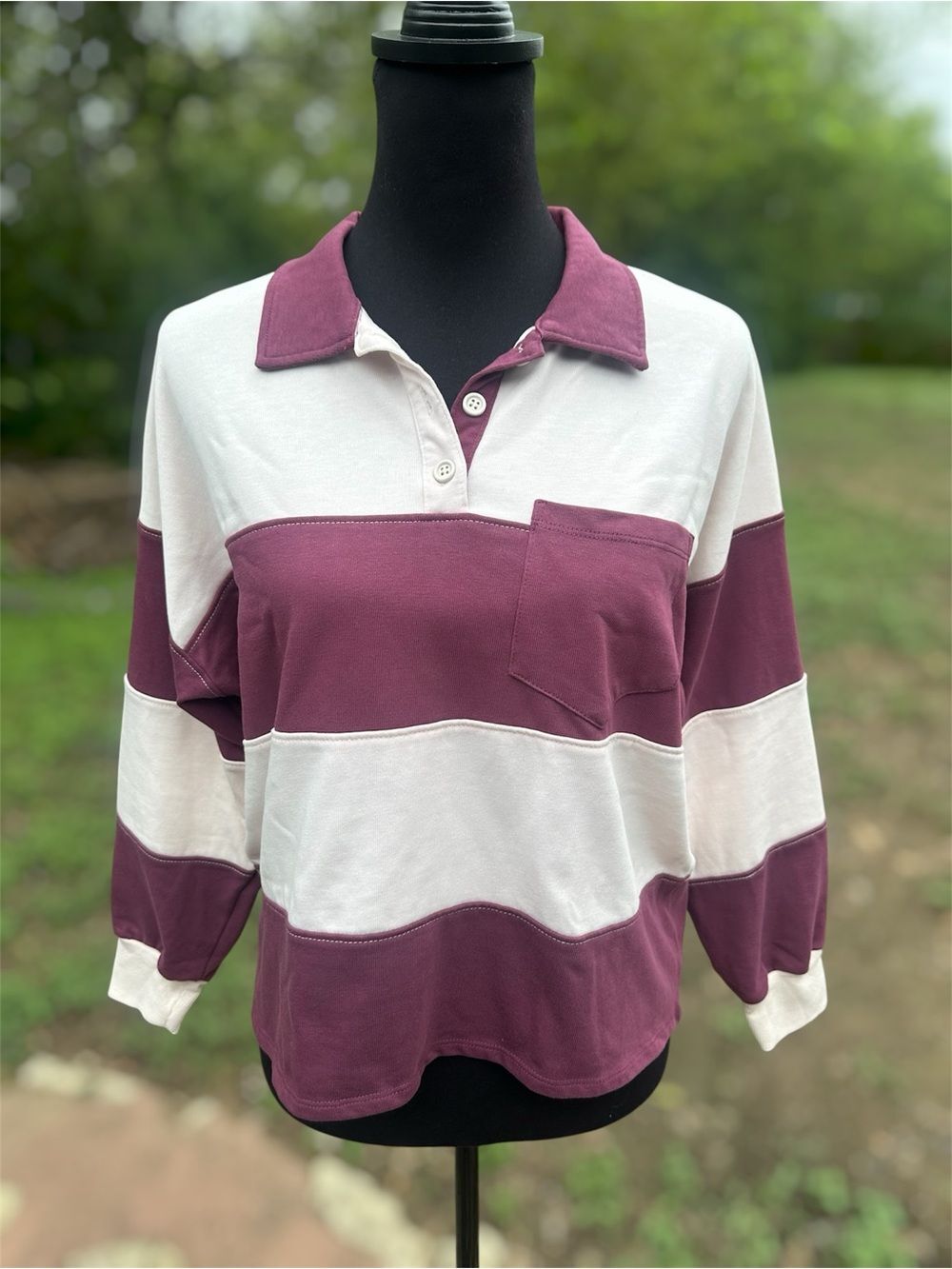 Kirious Light Pink Burgundy Striped Rugby Shirt Womens Small Boxy Sporty Casual